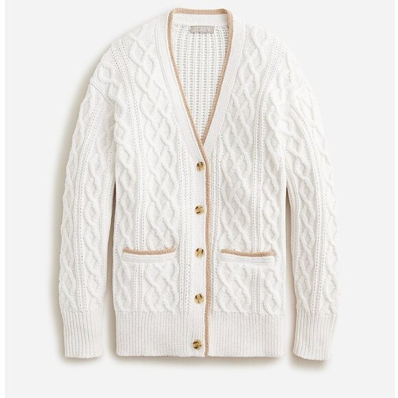 NWT J Crew Cream and Beige Contrast Trim Cable knit Cardigan sweater Sz S - Picture 1 of 6